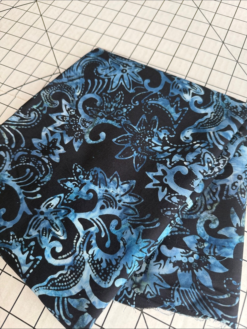 2 Yds Black Blue Batik Cotton Fabric Remnant 26” Wide Floral Scroll Quilt Sewing